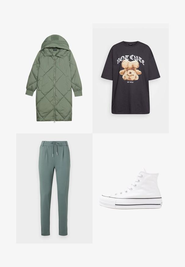 Prošívaný dlouhý zelený péřový kabát s kapucí, který má přední zip a dvě boční kapsy. Po celém povrchu je texturovaný diamantový vzor.; Černé oversized tričko s grafikou medvěda a textem „NENÍ CUTE, ALE DIVOKÝ“ v tučném bílém písmu. Bavlněný materiál.; Šedozelené kalhoty vyrobené z měkké tkaniny, s pružným pasem, záhyby vpředu a rovnými nohavicemi s elastickými lemy.; Bílé vysoké plátěné tenisky s černou gumovou podrážkou, přední gumovou špičkou a šesti očky na tkaničky, se čistým, minimalistickým designem.