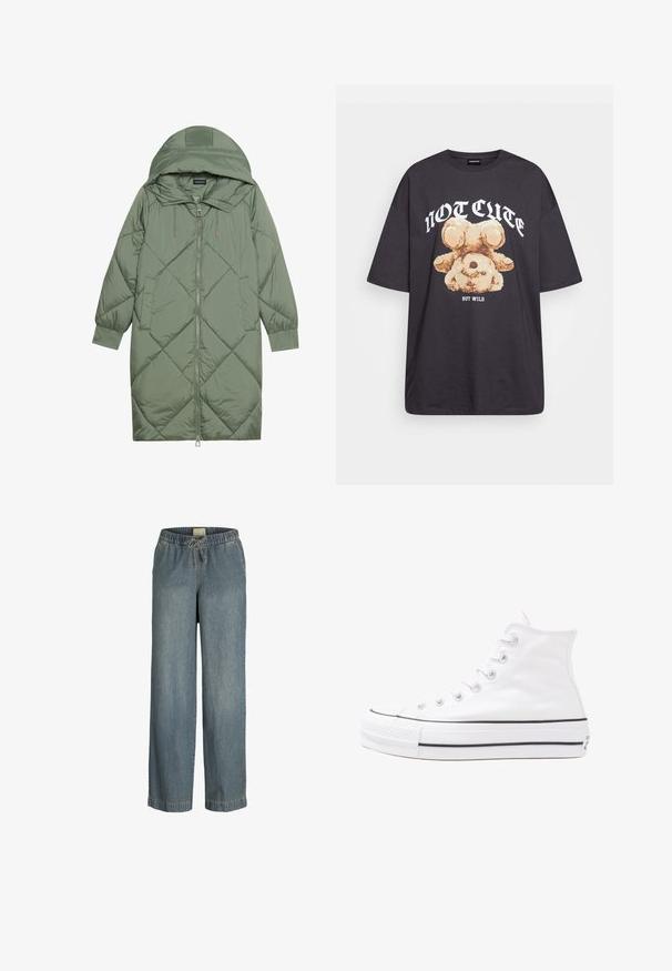 Prošívaný dlouhý zelený péřový kabát s kapucí, který má přední zip a dvě boční kapsy. Po celém povrchu je texturovaný diamantový vzor.; Černé oversized tričko s grafikou medvěda a textem „NENÍ CUTE, ALE DIVOKÝ“ v tučném bílém písmu. Bavlněný materiál.; Světle modré džíny s širokým střihem, elastickým pasem a šňůrkou na stažení. Obsahují standardní švy a žádné viditelné kapsy.; Bílé vysoké plátěné tenisky s černou gumovou podrážkou, přední gumovou špičkou a šesti očky na tkaničky, se čistým, minimalistickým designem.