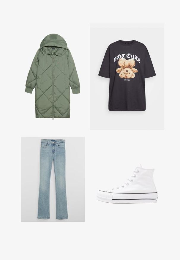 Prošívaný dlouhý zelený péřový kabát s kapucí, který má přední zip a dvě boční kapsy. Po celém povrchu je texturovaný diamantový vzor.; Černé oversized tričko s grafikou medvěda a textem „NENÍ CUTE, ALE DIVOKÝ“ v tučném bílém písmu. Bavlněný materiál.; Světle modré rozšiřující se džíny z denimu, které mají pět kapes, zip a mírné vyšisování na látce pro opotřebovaný vzhled.; Bílé vysoké plátěné tenisky s černou gumovou podrážkou, přední gumovou špičkou a šesti očky na tkaničky, se čistým, minimalistickým designem.