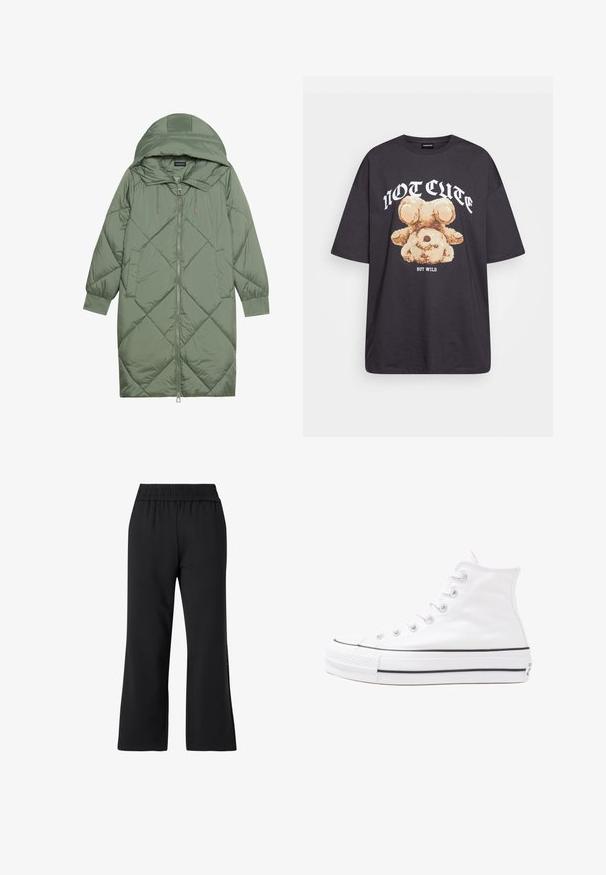 Casaco puffer longo verde acolchoado com capuz, apresentando um fecho frontal com zíper e dois bolsos laterais. Padrão texturizado em forma de diamante por todo o casaco.; T-shirt oversized preto com uma gráfica de um urso e o texto "NÃO FOFO, MAS SELVAGEM" em letras brancas e em negrito. Material em algodão.; Calças de desporto pretas com um design de perna larga. Feitas de um tecido suave, com uma cintura elástica e sem acessórios ou padrões visíveis.; Sapatilha alta de tela branca com sola de borracha preta, bico de borracha na frente e seis ilhós para os atacadores, apresentando um design limpo e minimalista.