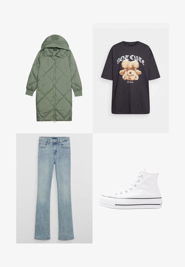 Quiltet lang grønn pufferjakke med hette, med en frontglidelås og to sidelommer. Teksturerte diamantmønster overalt.; Svart oversized t-skjorte med en grafikk av en bjørn og teksten "IKKE SØT, MEN VILL" i fet, hvit skrift. Laget av bomull.; Lys blå denim jeans med vide ben og høy midje, med beltehemper, frontlommer og en bleket vasketekstur.; Hvit høy-skinn kanvas sneakers med svart gummisåle, gummitåhette foran og seks hull for snorer, med et rent, minimalistisk design.