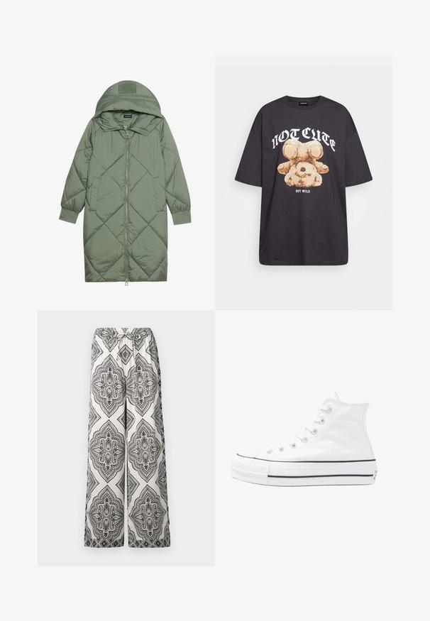 Cappotto lungo imbottito verde con un cappuccio, caratterizzato da una chiusura frontale a zip e due tasche laterali. Motivo a rombi testurizzati su tutta la superficie.; T-shirt nera oversize con una grafica di un orso e la scritta "NON CARINA MA SELVAGGIA" in grassetto, lettere bianche. Materiale in cotone.; Pantaloni a gamba larga in crema con un motivo a diamante ornato nero. Presentano un elastico in vita con dettaglio alla coulisse e una texture liscia.; Sneaker alta in tela bianca con suola in gomma nera, punta in gomma frontale e sei asole per i lacci, caratterizzata da un design pulito e minimalista.