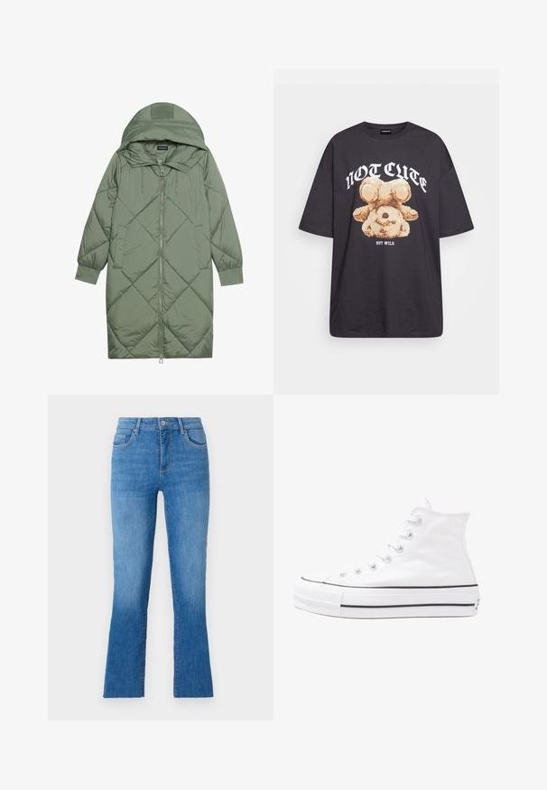 Casaco puffer longo verde acolchoado com capuz, apresentando um fecho frontal com zíper e dois bolsos laterais. Padrão texturizado em forma de diamante por todo o casaco.; T-shirt oversized preto com uma gráfica de um urso e o texto "NÃO FOFO, MAS SELVAGEM" em letras brancas e em negrito. Material em algodão.; Jeans de denim azul com perna larga, apresentando uma cintura média, cinco bolsos e um fecho clássico em botão prateado. Textura suave.; Sapatilha alta de tela branca com sola de borracha preta, bico de borracha na frente e seis ilhós para os atacadores, apresentando um design limpo e minimalista.