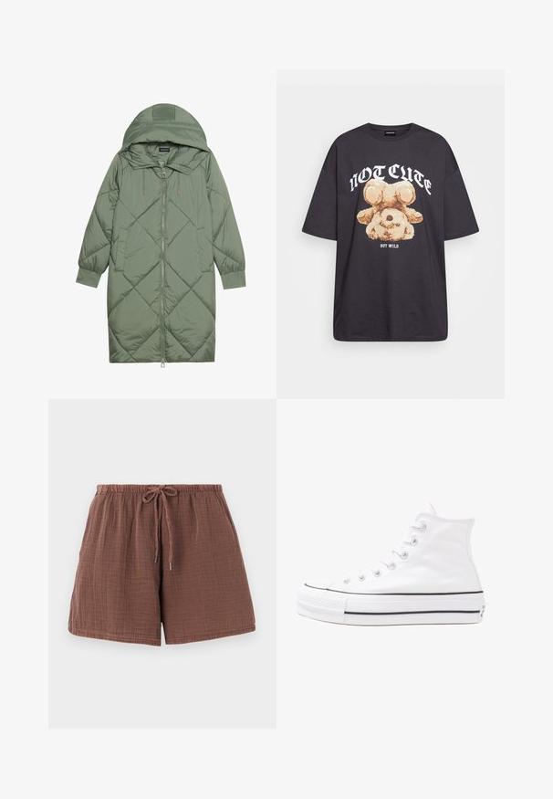 Gesteppten langer grüner Daunenmantel mit Kapuze, mit einem Reißverschluss vorne und zwei Seitentaschen. Strukturiertes Rautenmuster auf der gesamten Fläche.; Schwarzes, übergroßes T-Shirt mit einem Grafikdruck eines Bären und dem Text "NICHT SÜß, SONDERN WILD" in fetter, weißer Schrift. Baumwollmaterial.; Braune Baumwollshorts mit einer strukturierten, knitterigen Oberfläche, einem elastischen Bund und einem Kordelzug. Mittellange bis zum Oberschenkel mit lockerer Passform.; Weiße hochwertige Leinensneaker mit schwarzer Gummisohle, vorderem Gummizehenschutz und sechs Ösen für Schnürsenkel, die ein sauberes, minimalistisches Design aufweisen.