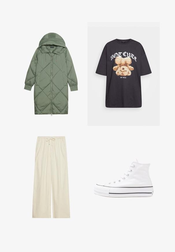 Gequiltede lange groene pufferjas met een capuchon, met een ritssluiting aan de voorkant en twee zijzakken. Gelaagd ruitpatroon overal.; Zwart oversized t-shirt met een afbeelding van een beer en de tekst "NIET SCHATTIG, MAAR WILD" in grote, witte letters. Gemaakt van katoen.; Lichte crème wijde broek met een elastische tailleband en drawstring, voorzien van zijzakken en een textiele stof.; Witte high-top canvas sneakers met een zwarte rubberen zool, een rubberen neuskap aan de voorkant en zes gaatjes voor veters, met een schone, minimalistische uitstraling.