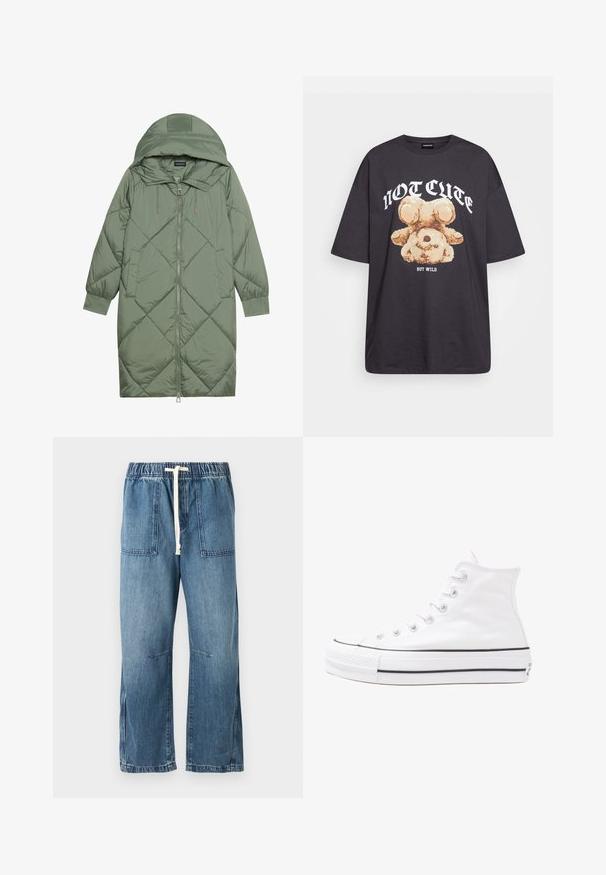 Prošívaný dlouhý zelený péřový kabát s kapucí, který má přední zip a dvě boční kapsy. Po celém povrchu je texturovaný diamantový vzor.; Černé oversized tričko s grafikou medvěda a textem „NENÍ CUTE, ALE DIVOKÝ“ v tučném bílém písmu. Bavlněný materiál.; Modré džínové kalhoty s elastickým pasem a bílou šňůrkou. Mají dvě přední kapsy a široký střih nohavic, s hladkou texturou.; Bílé vysoké plátěné tenisky s černou gumovou podrážkou, přední gumovou špičkou a šesti očky na tkaničky, se čistým, minimalistickým designem.