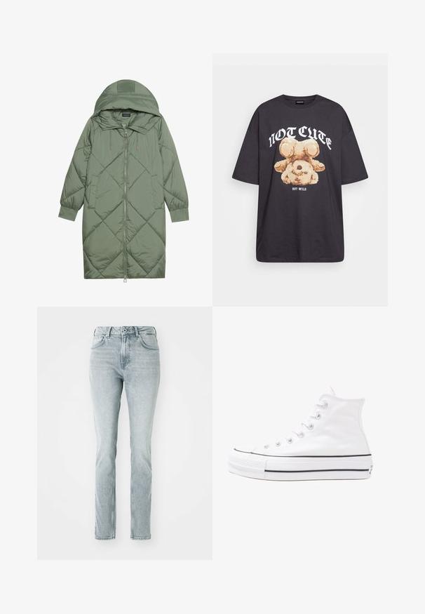 Abrigo acolchado largo verde tipo puffer con capucha, que presenta un cierre frontal con cremallera y dos bolsillos laterales. Patrón de diamantes texturizado en toda su superficie.; Camiseta negra de gran tamaño con un gráfico de un oso y el texto "NO LINDO SINO SALVAJE" en letras blancas y en negrita. Material de algodón.; Jeans de mezclilla azul claro con corte recto, cintura alta, bolsillos frontales y un acabado deslavado. Cuenta con trabillas para el cinturón y un cierre de botón.; Zapatilla de lona alta blanca con suela de goma negra, puntera de goma frontal y seis ojetes para los cordones, que presenta un diseño limpio y minimalista.