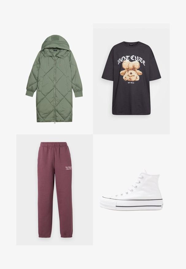 Quiltet lang grønn pufferjakke med hette, med en frontglidelås og to sidelommer. Teksturerte diamantmønster overalt.; Svart oversized t-skjorte med en grafikk av en bjørn og teksten "IKKE SØT, MEN VILL" i fet, hvit skrift. Laget av bomull.; Bordeaux joggebukser med elastisk linning, smale mansjetter og en hvit "New Balance Athletic Club"-logo på høyre ben. Myk tekstur.; Hvit høy-skinn kanvas sneakers med svart gummisåle, gummitåhette foran og seks hull for snorer, med et rent, minimalistisk design.