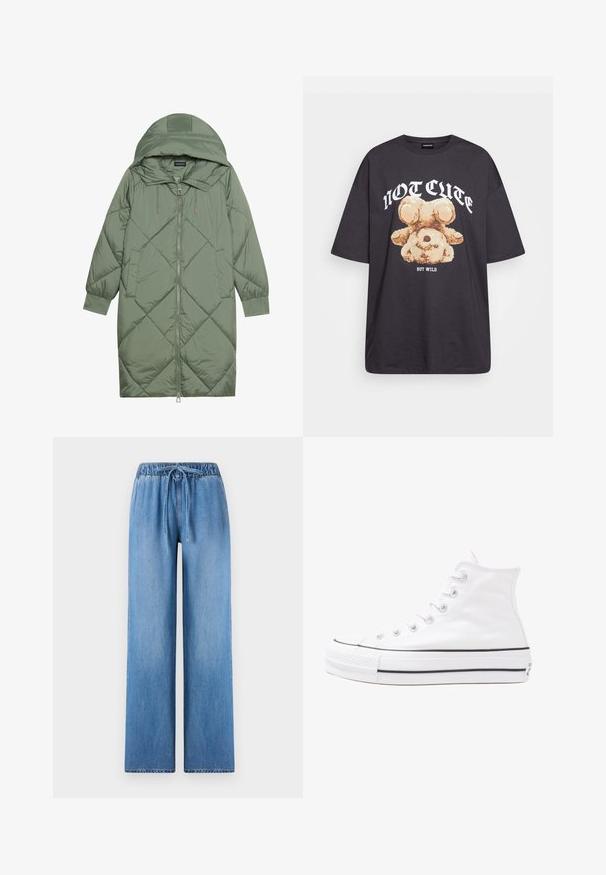 Quiltet lang grønn pufferjakke med hette, med en frontglidelås og to sidelommer. Teksturerte diamantmønster overalt.; Svart oversized t-skjorte med en grafikk av en bjørn og teksten "IKKE SØT, MEN VILL" i fet, hvit skrift. Laget av bomull.; Lys blå denim bukser med elastisk liv og snor. Bred ben design og glat tekstur med slidte detaljer på stoffet.; Hvit høy-skinn kanvas sneakers med svart gummisåle, gummitåhette foran og seks hull for snorer, med et rent, minimalistisk design.