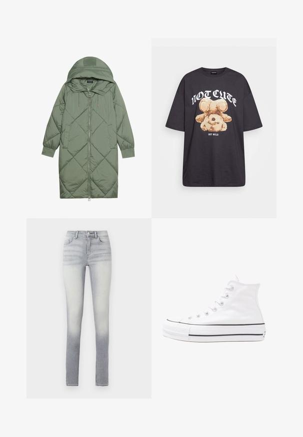 Steppelt, hosszú zöld pufikabát kapucnival, elöl cipzáras záródással és két oldalsó zsebből áll. Az anyagon teljes hosszában váltakozó gyémántmintázat található.; Fekete, oversized póló, rajta egy medvével és a "NEM CUKI, HANEM FÉKTELEN" felirattal vastag, fehér betűkkel. Pamut anyag.; Világoskék skinny farmerek, fokozatos mosással, öt zsebbel, elöl gombos záródással és enyhe kopással a combnál.; Fehér magaskorsó vászon sportcipő fekete gumi talppal, elülső gumi orrnyereggel és hat fűzőlyukkal, letisztult, minimalista dizájnnal.