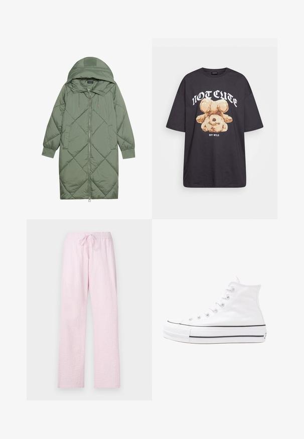 Quilted long green puffer coat with a hood, featuring a front zipper closure and two side pockets. Textured diamond pattern throughout.; Black oversized t-shirt featuring a graphic of a bear with the text “NOT CUTE BUT WILD” in bold, white lettering. Cotton material.; Light pink pajama pants in a textured fabric with a loose fit, featuring an elastic waistband and a drawstring for adjustability.; White high-top canvas sneaker with black rubber sole, front rubber toe cap, and six eyelets for laces, featuring a clean, minimalist design.