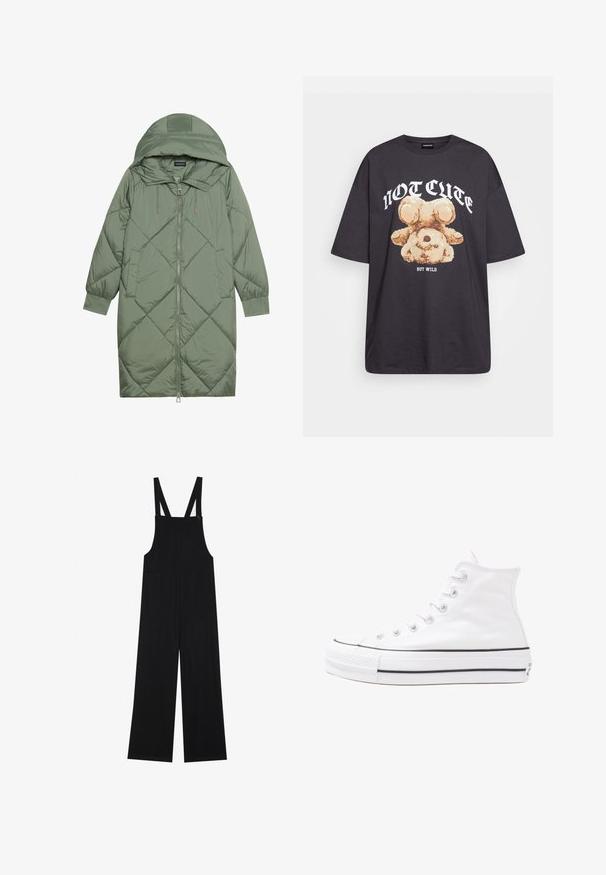 Quilted long green puffer coat with a hood, featuring a front zipper closure and two side pockets. Textured diamond pattern throughout.; Black oversized t-shirt featuring a graphic of a bear with the text “NOT CUTE BUT WILD” in bold, white lettering. Cotton material.; Black overalls made of soft fabric, featuring wide legs, two front pockets, and adjustable shoulder straps with button hardware.; White high-top canvas sneaker with black rubber sole, front rubber toe cap, and six eyelets for laces, featuring a clean, minimalist design.
