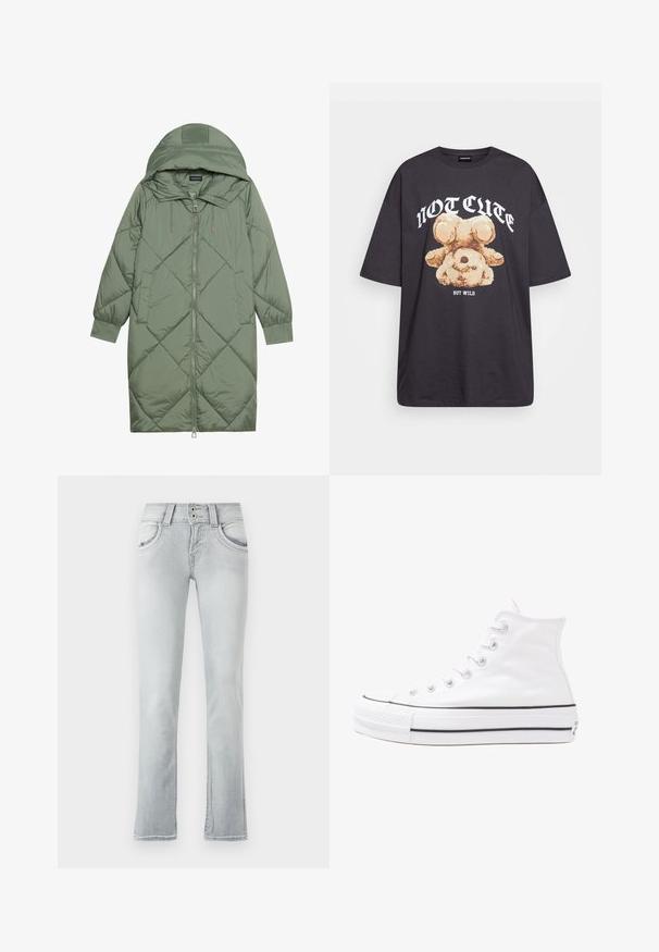 Quiltet lang grønn pufferjakke med hette, med en frontglidelås og to sidelommer. Teksturerte diamantmønster overalt.; Svart oversized t-skjorte med en grafikk av en bjørn og teksten "IKKE SØT, MEN VILL" i fet, hvit skrift. Laget av bomull.; Lyseblå denimjeans med flagrende design, som har to frontlommer, en knapåpning med to knapper, og subtile falmede detaljer.; Hvit høy-skinn kanvas sneakers med svart gummisåle, gummitåhette foran og seks hull for snorer, med et rent, minimalistisk design.