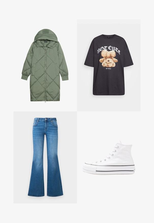 Quiltet lang grønn pufferjakke med hette, med en frontglidelås og to sidelommer. Teksturerte diamantmønster overalt.; Svart oversized t-skjorte med en grafikk av en bjørn og teksten "IKKE SØT, MEN VILL" i fet, hvit skrift. Laget av bomull.; Flarte blå jeans med midjehøyde, fem lommer og falmet detaljer på lårene. Sølvfargede detaljer på knappene.; Hvit høy-skinn kanvas sneakers med svart gummisåle, gummitåhette foran og seks hull for snorer, med et rent, minimalistisk design.