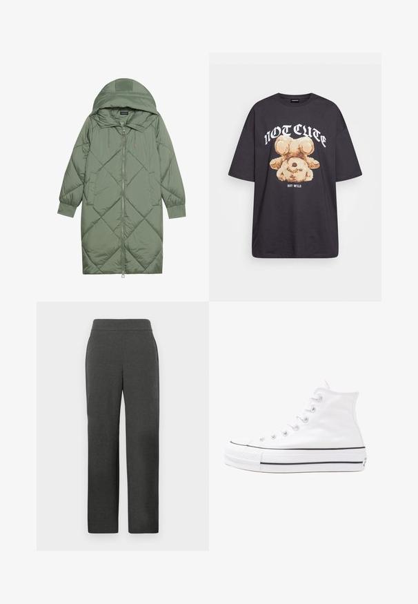 Zelený prešívaný páperový kabát s kapucňou, so zipsovým uzáverom vpredu a dvoma bočnými vreckami. Po celom povrchu je textúrovaný diamantový vzor.; Čierne oversized tričko s grafikou medveďa a textom "NIE ROZTOMILÉ ALE DIVOKÉ" v tučnom bielom písmene. Bavlnený materiál.; Tmavošedé nohavice rovného strihu s priliehavým pásom a bočnými vreckami, vystavené na jednofarebnom svetlom pozadí.; Biele vysoké plátené tenisky s čiernou gumovou podošvou, prednou gumovou špičkou a šiestimi okami na šnúrky, s čistým, minimalistickým dizajnom.