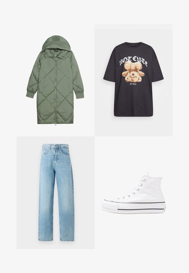 Quiltuotas ilgas žalias pūkinis paltas su kapuce, turintis priekinį užtrauktuką ir dvi šonines kišenes. Visame paviršiuje yra tekstūrinis rombų raštas.; Juodas per didelis marškinėliai su bearo grafika ir tekstu "NE SIAUBINGA, BET NERAMUS" bold baltomis raidėmis. Pagaminta iš medvilnės.; Šviesiai mėlynos plačios kojų džinsinės kelnės su aukštu liemeniu, klasikinis penkių kišenių dizainas ir subtilus nusidėvėjimo efektas. Metalinis mygtuko užsegimas.; Balti aukštakulniai drobės sportbačiai su juodu guminio pado, priekinio guminio piršto dangteliu ir šešiais akytėmis raištams, pasižymintys švariu, minimalistiniu dizainu.