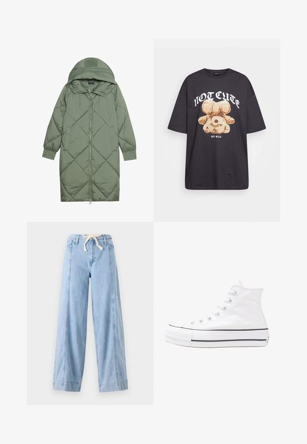 Quiltana duga zelena puffer jakna s kapuljačom, s prednjim zatvaračem i dva bočna džepa. Teksturni dijamantni uzorak kroz cijelu jaknu.; Crna oversized majica s grafikom medvjeda i natpisom "NIJE SLATKO, ALI DIVLJE" u podebljanim, bijelim slovima. Pamuk.; Svijetloplave široke traperice od denima, s pojasom na vezanje i vertikalnim šavovima duž strana.; Bijela visoka platnena tenisica s crnom gumenom potplatom, prednjim gumenim zaštitnikom prstiju i šest rupa za vezanje, s čistim, minimalističkim dizajnom.