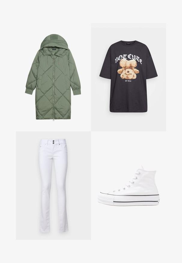 Casaco puffer longo verde acolchoado com capuz, apresentando um fecho frontal com zíper e dois bolsos laterais. Padrão texturizado em forma de diamante por todo o casaco.; T-shirt oversized preto com uma gráfica de um urso e o texto "NÃO FOFO, MAS SELVAGEM" em letras brancas e em negrito. Material em algodão.; Calças flare brancas feitas de um tecido de mistura de algodão, apresentando um fecho de dois botões, bolsos frontais e detalhes de costura subtil.; Sapatilha alta de tela branca com sola de borracha preta, bico de borracha na frente e seis ilhós para os atacadores, apresentando um design limpo e minimalista.