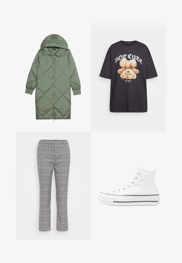 Zelený prešívaný páperový kabát s kapucňou, so zipsovým uzáverom vpredu a dvoma bočnými vreckami. Po celom povrchu je textúrovaný diamantový vzor.; Čierne oversized tričko s grafikou medveďa a textom "NIE ROZTOMILÉ ALE DIVOKÉ" v tučnom bielom písmene. Bavlnený materiál.; Sivé kockované nohavice s prispôsobeným strihom. Obsahujú jemný vzor kociek, pútka na opasok a rovný strih nohavíc. Hladká textúra látky.; Biele vysoké plátené tenisky s čiernou gumovou podošvou, prednou gumovou špičkou a šiestimi okami na šnúrky, s čistým, minimalistickým dizajnom.