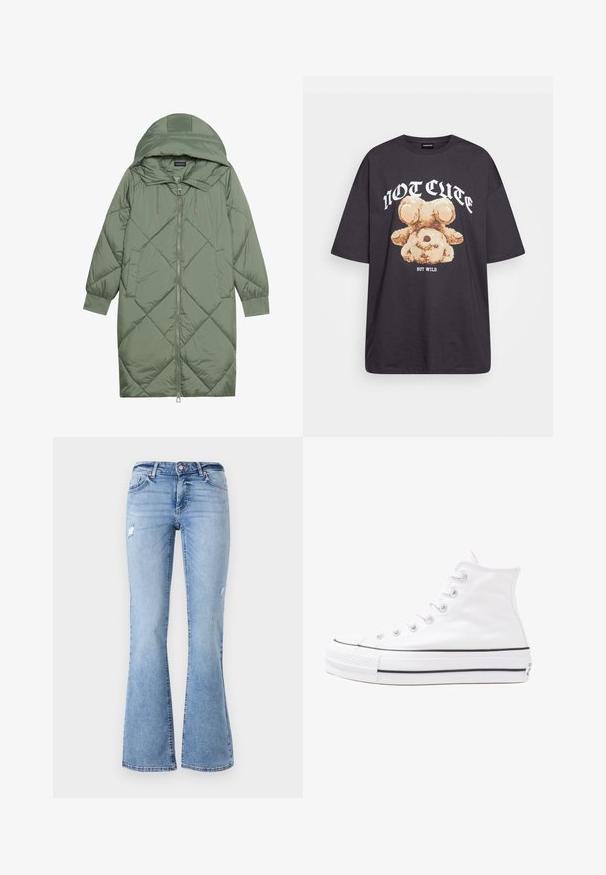 Manteau matelassé long vert avec capuche, doté d'une fermeture éclair à l'avant et de deux poches latérales. Motif en losanges texturé sur toute sa surface.; T-shirt noir oversize avec un graphique d'un ours et le texte « PAS MIGNON MAIS SAUVAGE » en lettres blanches, en gras. Matériau en coton.; Jeans en denim bleu clair évasés avec un design usé, présentant une fermeture à bouton à l'avant, des passants de ceinture et plusieurs poches.; Baskets montantes en toile blanche avec semelle en caoutchouc noir, capuchon en caoutchouc à l'avant, et six œillets pour les lacets, présentant un design épuré et minimaliste.