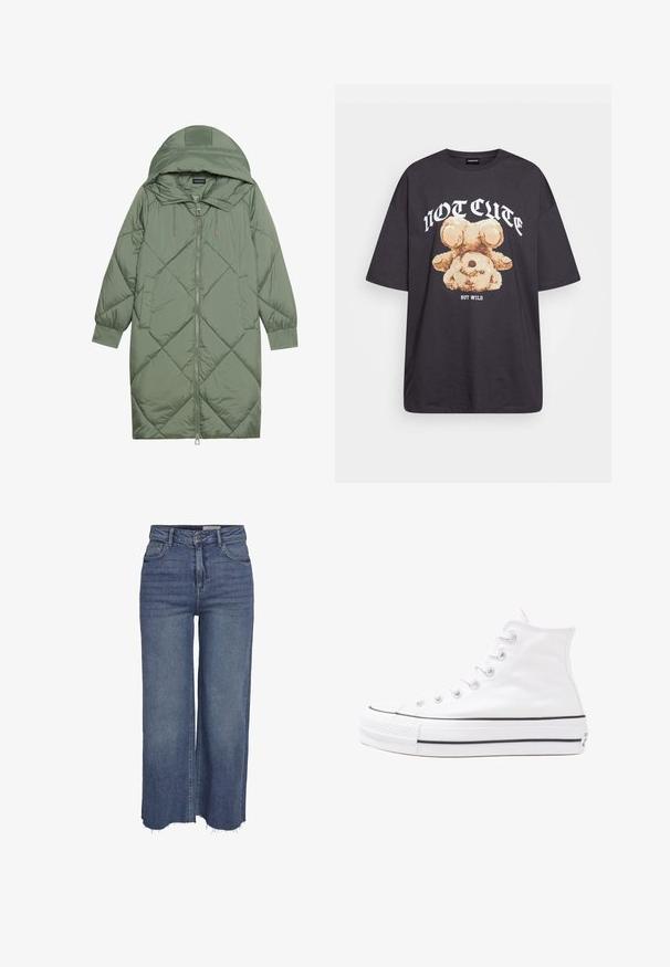 Casaco puffer longo verde acolchoado com capuz, apresentando um fecho frontal com zíper e dois bolsos laterais. Padrão texturizado em forma de diamante por todo o casaco.; T-shirt oversized preto com uma gráfica de um urso e o texto "NÃO FOFO, MAS SELVAGEM" em letras brancas e em negrito. Material em algodão.; Jeans largos azuis com cintura alta, botão frontal, fecho de correr, cinco bolsos e bainhas desfiadas.; Sapatilha alta de tela branca com sola de borracha preta, bico de borracha na frente e seis ilhós para os atacadores, apresentando um design limpo e minimalista.