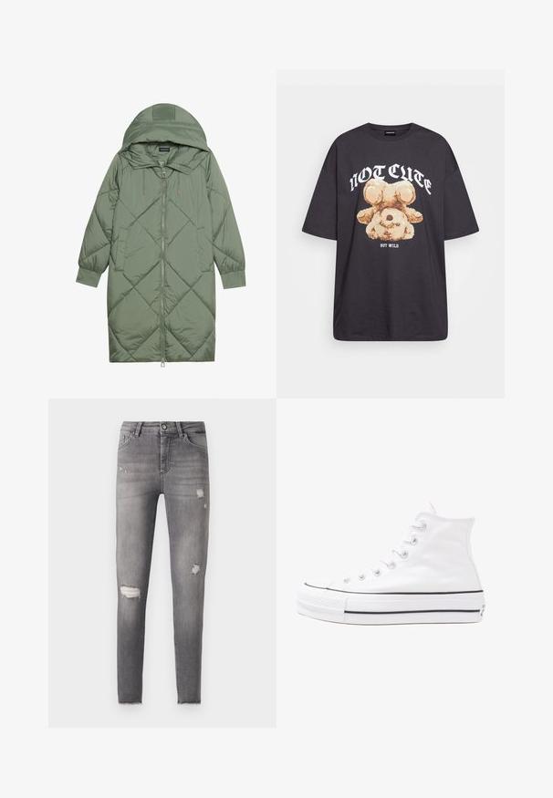 Abrigo acolchado largo verde tipo puffer con capucha, que presenta un cierre frontal con cremallera y dos bolsillos laterales. Patrón de diamantes texturizado en toda su superficie.; Camiseta negra de gran tamaño con un gráfico de un oso y el texto "NO LINDO SINO SALVAJE" en letras blancas y en negrita. Material de algodón.; Jeans ajustados de denim gris desgastado, con desgastes y rasgaduras en ambas rodillas y un dobladillo ligeramente deshilachado. Diseño clásico de 5 bolsillos.; Zapatilla de lona alta blanca con suela de goma negra, puntera de goma frontal y seis ojetes para los cordones, que presenta un diseño limpio y minimalista.