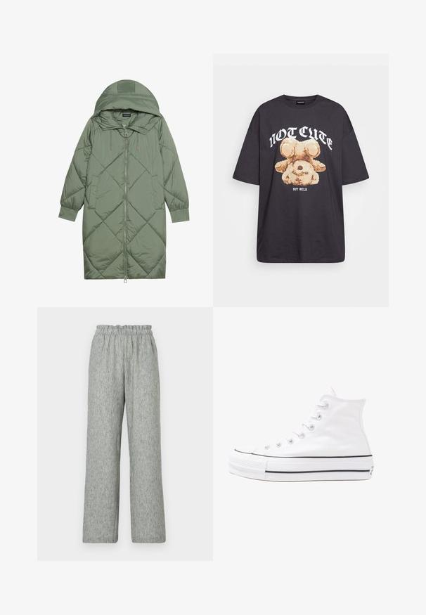 Quilted long green puffer coat with a hood, featuring a front zipper closure and two side pockets. Textured diamond pattern throughout.; Black oversized t-shirt featuring a graphic of a bear with the text “NOT CUTE BUT WILD” in bold, white lettering. Cotton material.; Light gray wide-leg pants made of textured fabric, featuring an elastic waistband. The design has a relaxed fit with no additional embellishments.; White high-top canvas sneaker with black rubber sole, front rubber toe cap, and six eyelets for laces, featuring a clean, minimalist design.