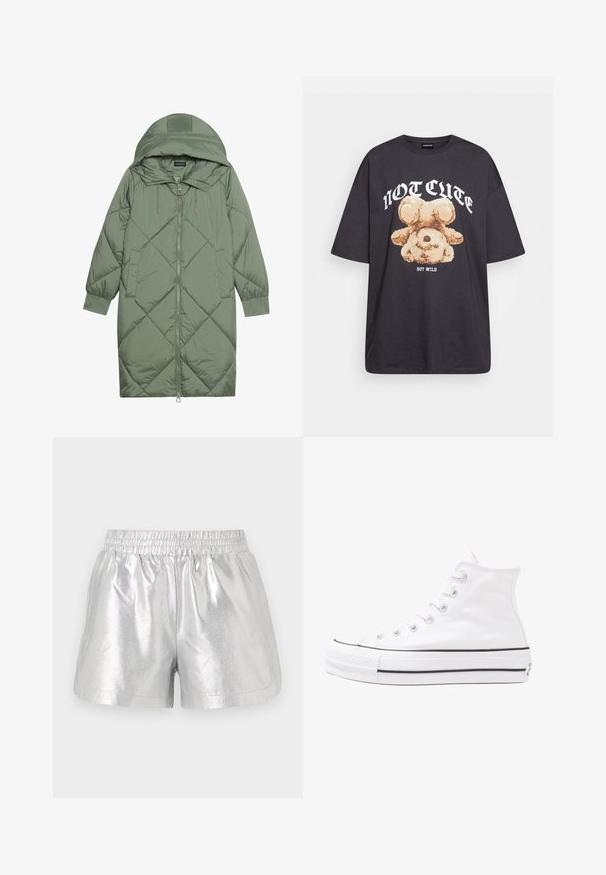 Izšūts garš zaļš pūšļa mētelis ar kapuci, ar priekšējo rāvējslēdzēju un divām sānu kabatām. Visā virsmā ir teksturēta dimanta raksts.; Melna, pārmērīga t-kreklu, kurā attēlots lācis ar uzrakstu "NAV MIERĪGS, BET VILKIS" treknos baltos burtiem. Izgatavots no kokvilnas materiāla.; Sudraba metāliskas šorti ar elastīgu jostu, kas apvieno gludu tekstūru un brīvu piegriezumu. Iekļautas sānu kabatas praktiskam pielietojumam.; Balti augstie kanvas sporta apavi ar melnu gumijas zoli, priekšējo gumijas purngalu un sešām acīm lencēm, kuriem ir tīrs, minimālistisks dizains.