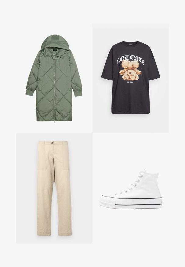 Abrigo acolchado largo verde tipo puffer con capucha, que presenta un cierre frontal con cremallera y dos bolsillos laterales. Patrón de diamantes texturizado en toda su superficie.; Camiseta negra de gran tamaño con un gráfico de un oso y el texto "NO LINDO SINO SALVAJE" en letras blancas y en negrita. Material de algodón.; Pantalones de algodón beige con corte recto, que presentan bolsillos delanteros, cierre con botón y dobladillos. Textura suave y diseño minimalista.; Zapatilla de lona alta blanca con suela de goma negra, puntera de goma frontal y seis ojetes para los cordones, que presenta un diseño limpio y minimalista.