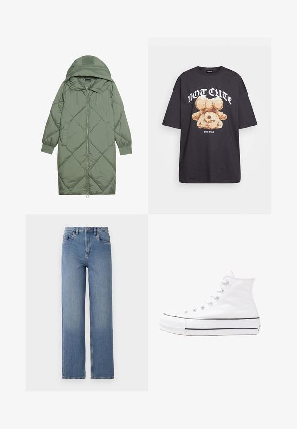 Cele nouă pictate în verde închis, din material pufos, cu glugă, care dispune de închidere cu fermoar frontal și două buzunare laterale. Model texturat cu un model în diamant pe întreaga suprafață.; Tricou oversized negru featuring un grafic cu un urs și textul „NU E DRĂGUȚ DAR SUNT SĂLBATIC” în litere albe, îndrăznețe. Material din bumbac.; Jeans din denim albastru cu talie înaltă și croi drept. Prezintă un design clasic cu cinci buzunare și o ușoară decolorare în față.; Adidași albi tip pantofi sport cu glezna din pânză, cu talpă din cauciuc negru, capac de vârf din cauciuc frontal și șase ochiuri pentru șireturi, având un design curat și minimalist.