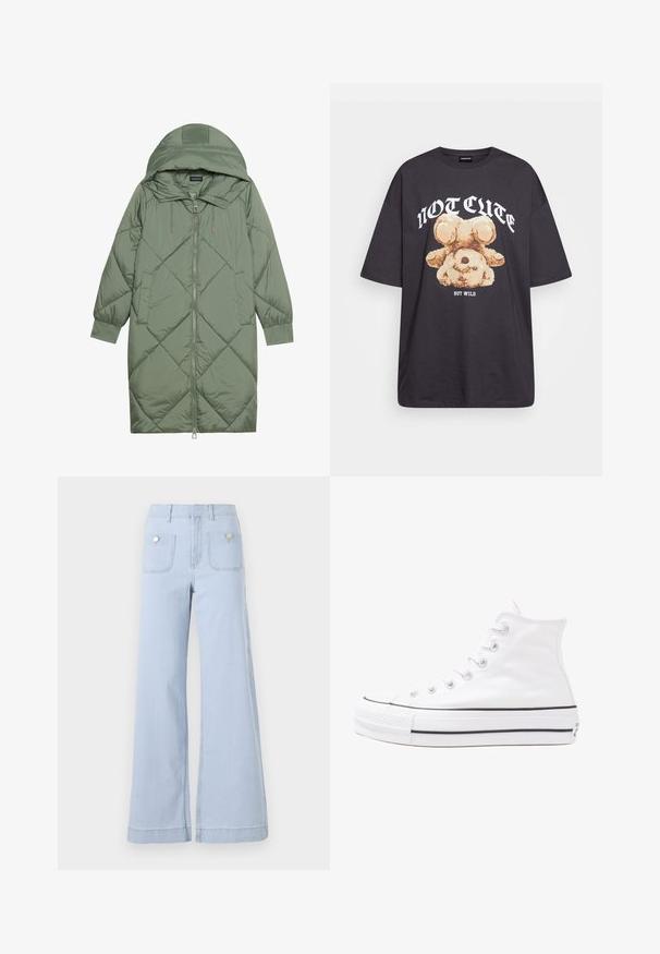 Steppelt, hosszú zöld pufikabát kapucnival, elöl cipzáras záródással és két oldalsó zsebből áll. Az anyagon teljes hosszában váltakozó gyémántmintázat található.; Fekete, oversized póló, rajta egy medvével és a "NEM CUKI, HANEM FÉKTELEN" felirattal vastag, fehér betűkkel. Pamut anyag.; Világoskék, bő szárú farmernadrág, magas derekú, nagy elülső zsebekkel és fémbetétekkel a hátsó zsebeken.; Fehér magaskorsó vászon sportcipő fekete gumi talppal, elülső gumi orrnyereggel és hat fűzőlyukkal, letisztult, minimalista dizájnnal.