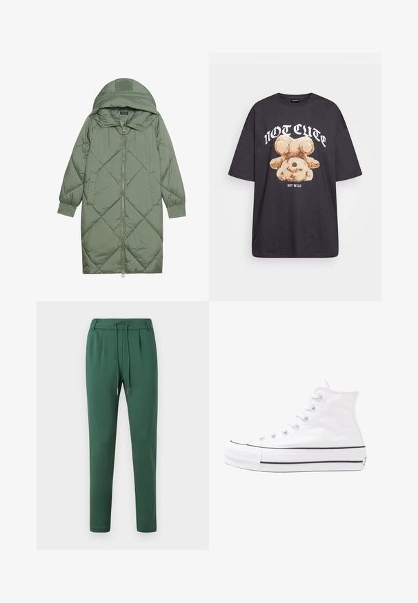 Quiltet lang grøn pufferjakke med hætte, med frontlynlås og to sidelommer. Teksturret diamantmønster over det hele.; Sort oversized t-shirt med et grafisk motiv af en bjørn samt teksten "IKKE SØD MEN VILD" i fede, hvide bogstaver. 100% bomulds materiale.; Grønne sweatpants lavet af blødt stof, med en elastisk talje med snor, tapered ben og sidelæg detaljer.; Hvide høje kanvas sneakers med sort gummisål, gummitåhætte foran og seks øjehuller til snørebånd, der har et rent, minimalistisk design.
