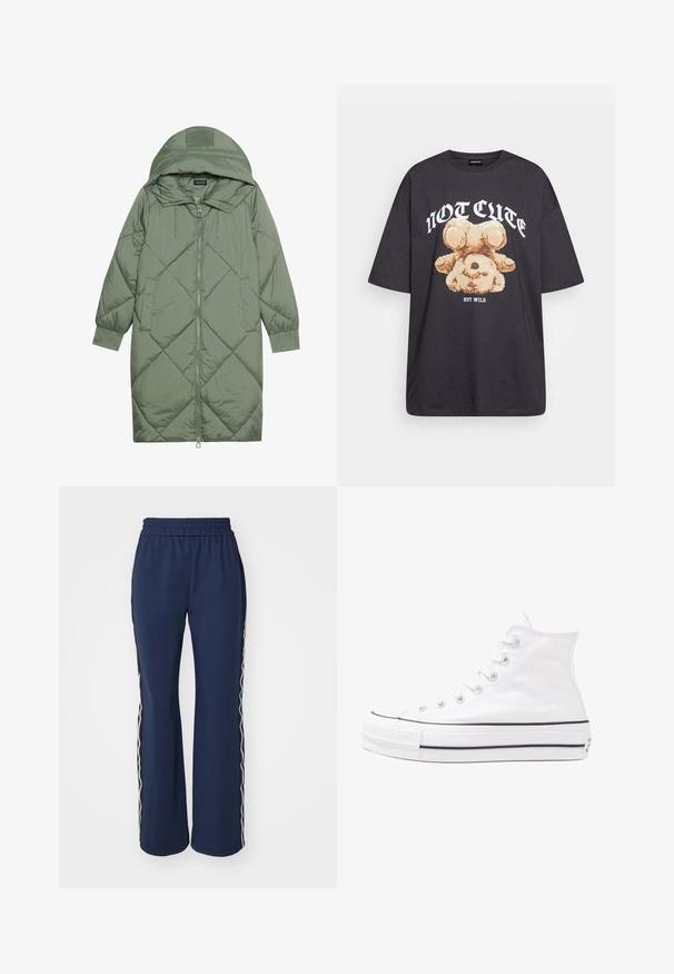 Gesteppten langer grüner Daunenmantel mit Kapuze, mit einem Reißverschluss vorne und zwei Seitentaschen. Strukturiertes Rautenmuster auf der gesamten Fläche.; Schwarzes, übergroßes T-Shirt mit einem Grafikdruck eines Bären und dem Text "NICHT SÜß, SONDERN WILD" in fetter, weißer Schrift. Baumwollmaterial.; ONLY ONLWARM UP TRACK PANT - Jogginghose - navy blazer/whitecap/gray; Weiße hochwertige Leinensneaker mit schwarzer Gummisohle, vorderem Gummizehenschutz und sechs Ösen für Schnürsenkel, die ein sauberes, minimalistisches Design aufweisen.