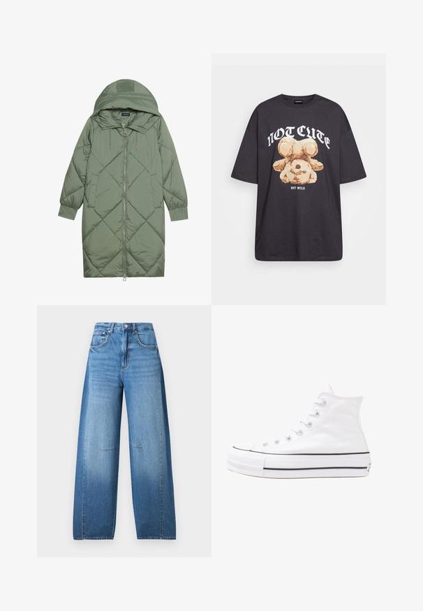 Casaco puffer longo verde acolchoado com capuz, apresentando um fecho frontal com zíper e dois bolsos laterais. Padrão texturizado em forma de diamante por todo o casaco.; T-shirt oversized preto com uma gráfica de um urso e o texto "NÃO FOFO, MAS SELVAGEM" em letras brancas e em negrito. Material em algodão.; Jeans de cintura alta e pernas largas em denim azul claro com efeito desbotado, apresentando um fecho de botão, cinco bolsos e detalhes de costura.; Sapatilha alta de tela branca com sola de borracha preta, bico de borracha na frente e seis ilhós para os atacadores, apresentando um design limpo e minimalista.