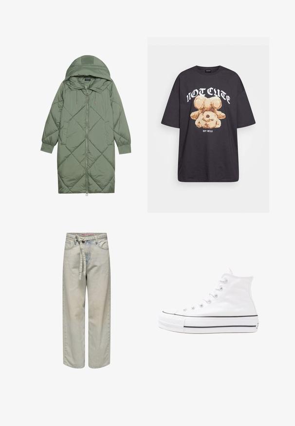 Abrigo acolchado largo verde tipo puffer con capucha, que presenta un cierre frontal con cremallera y dos bolsillos laterales. Patrón de diamantes texturizado en toda su superficie.; Camiseta negra de gran tamaño con un gráfico de un oso y el texto "NO LINDO SINO SALVAJE" en letras blancas y en negrita. Material de algodón.; Jeans de pierna ancha en azul claro con cintura ceñida, que presentan un detalle desgastado y un diseño clásico de cinco bolsillos, fabricados en tejido de mezclilla.; Zapatilla de lona alta blanca con suela de goma negra, puntera de goma frontal y seis ojetes para los cordones, que presenta un diseño limpio y minimalista.