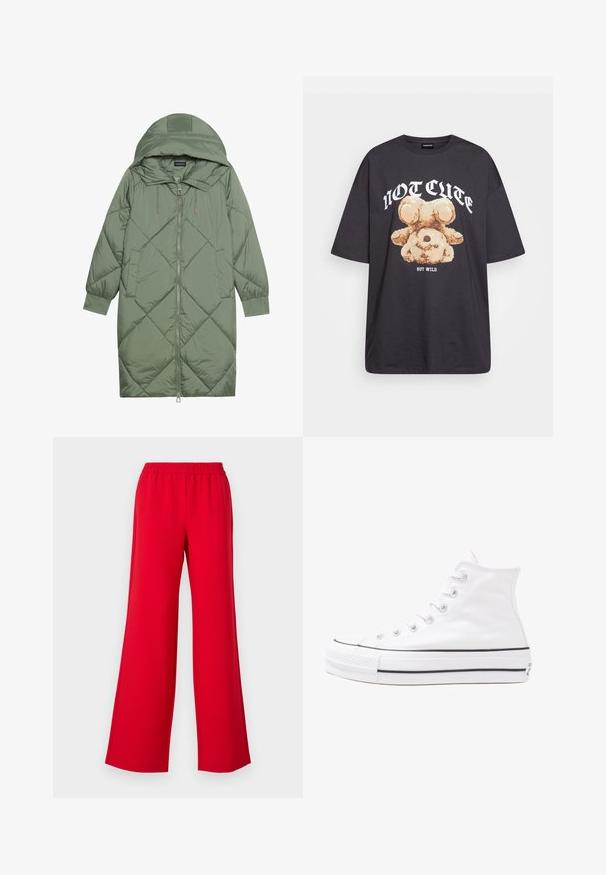 Quiltuotas ilgas žalias pūkinis paltas su kapuce, turintis priekinį užtrauktuką ir dvi šonines kišenes. Visame paviršiuje yra tekstūrinis rombų raštas.; Juodas per didelis marškinėliai su bearo grafika ir tekstu "NE SIAUBINGA, BET NERAMUS" bold baltomis raidėmis. Pagaminta iš medvilnės.; Raudoni platus kelnės su elastinga juosmens juosta, pagamintos iš lygaus, lengvo audinio. Dizainas neturi matomų detalių ar raštų.; Balti aukštakulniai drobės sportbačiai su juodu guminio pado, priekinio guminio piršto dangteliu ir šešiais akytėmis raištams, pasižymintys švariu, minimalistiniu dizainu.