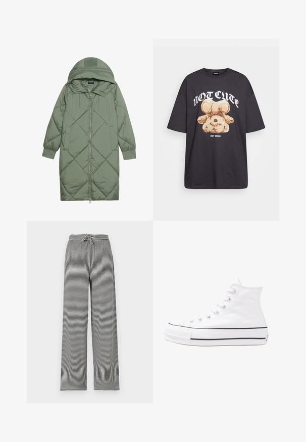 Cappotto lungo imbottito verde con un cappuccio, caratterizzato da una chiusura frontale a zip e due tasche laterali. Motivo a rombi testurizzati su tutta la superficie.; T-shirt nera oversize con una grafica di un orso e la scritta "NON CARINA MA SELVAGGIA" in grassetto, lettere bianche. Materiale in cotone.; Pantaloni larghi a righe bianche e nere con vita a cordoncino. Realizzati in un tessuto morbido, presentano righe orizzontali e una vestibilità comoda.; Sneaker alta in tela bianca con suola in gomma nera, punta in gomma frontale e sei asole per i lacci, caratterizzata da un design pulito e minimalista.