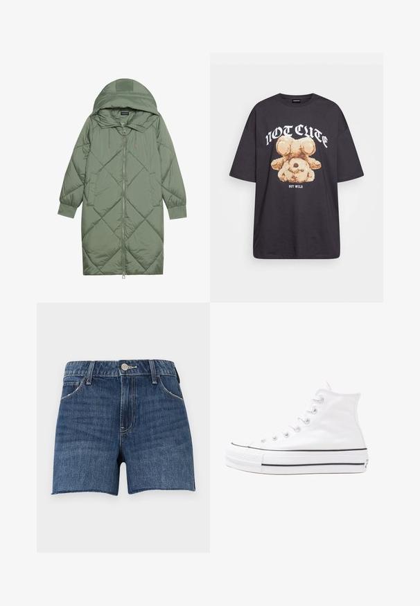 Izšūts garš zaļš pūšļa mētelis ar kapuci, ar priekšējo rāvējslēdzēju un divām sānu kabatām. Visā virsmā ir teksturēta dimanta raksts.; Melna, pārmērīga t-kreklu, kurā attēlots lācis ar uzrakstu "NAV MIERĪGS, BET VILKIS" treknos baltos burtiem. Izgatavots no kokvilnas materiāla.; Tumši zili džinsu šorti ar neapstrādātu malu. Piedāvā piecu kabatu dizainu un priekšējo metāla pogu aizdari. Šuves apstrāde visā apģērbā.; Balti augstie kanvas sporta apavi ar melnu gumijas zoli, priekšējo gumijas purngalu un sešām acīm lencēm, kuriem ir tīrs, minimālistisks dizains.