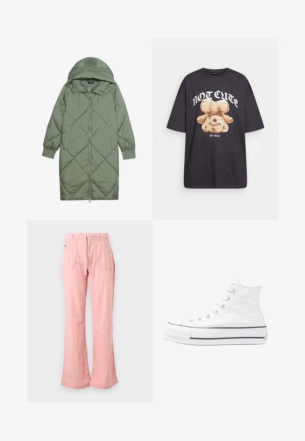 Casaco puffer longo verde acolchoado com capuz, apresentando um fecho frontal com zíper e dois bolsos laterais. Padrão texturizado em forma de diamante por todo o casaco.; T-shirt oversized preto com uma gráfica de um urso e o texto "NÃO FOFO, MAS SELVAGEM" em letras brancas e em negrito. Material em algodão.; Calças largas de um rosa claro, feitas de um tecido suave, com um cós ajustável, dois bolsos frontais e um acabamento texturizado.; Sapatilha alta de tela branca com sola de borracha preta, bico de borracha na frente e seis ilhós para os atacadores, apresentando um design limpo e minimalista.