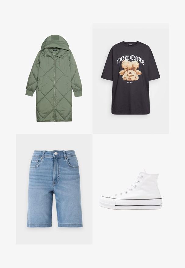 Quiltet lang grønn pufferjakke med hette, med en frontglidelås og to sidelommer. Teksturerte diamantmønster overalt.; Svart oversized t-skjorte med en grafikk av en bjørn og teksten "IKKE SØT, MEN VILL" i fet, hvit skrift. Laget av bomull.; Lyseblå denimshorts med rett snitt, fem lommer og metallknapplukking. Myk tekstur med svakt falming.; Hvit høy-skinn kanvas sneakers med svart gummisåle, gummitåhette foran og seks hull for snorer, med et rent, minimalistisk design.