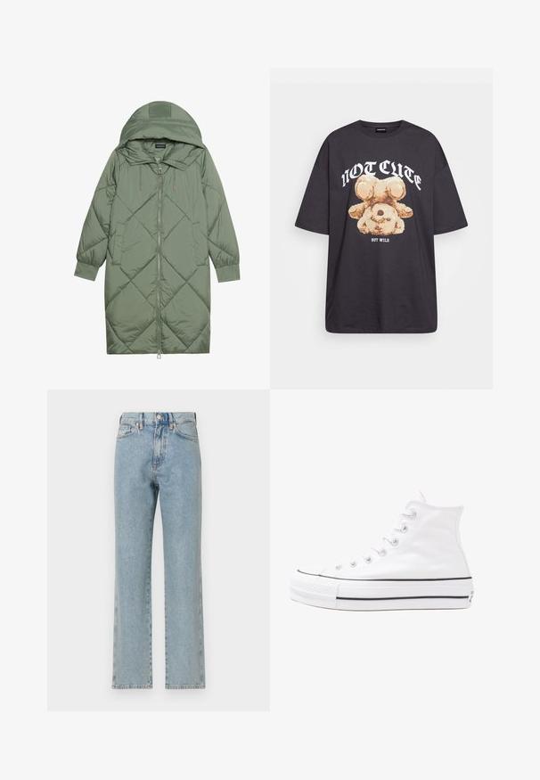 Quiltet lang grønn pufferjakke med hette, med en frontglidelås og to sidelommer. Teksturerte diamantmønster overalt.; Svart oversized t-skjorte med en grafikk av en bjørn og teksten "IKKE SØT, MEN VILL" i fet, hvit skrift. Laget av bomull.; Lyseblå denimjeans med rett ben-design, fem lommer, knappelukking og subtil tekstur. Ingen synlig slitasje eller mønstre.; Hvit høy-skinn kanvas sneakers med svart gummisåle, gummitåhette foran og seks hull for snorer, med et rent, minimalistisk design.