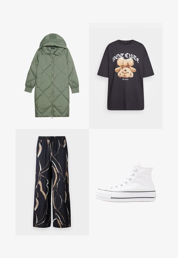 Quilted long green puffer coat with a hood, featuring a front zipper closure and two side pockets. Textured diamond pattern throughout.; Black oversized t-shirt featuring a graphic of a bear with the text “NOT CUTE BUT WILD” in bold, white lettering. Cotton material.; Wide-leg trousers in a dark navy fabric, featuring a bold abstract pattern in beige and white. Elastic waistband with drawstring detail.; White high-top canvas sneaker with black rubber sole, front rubber toe cap, and six eyelets for laces, featuring a clean, minimalist design.