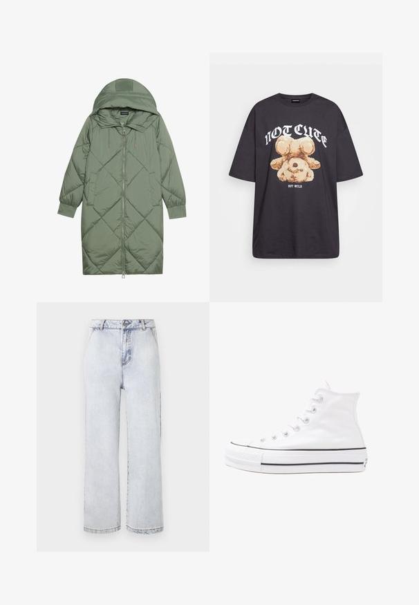 Quiltet lang grønn pufferjakke med hette, med en frontglidelås og to sidelommer. Teksturerte diamantmønster overalt.; Svart oversized t-skjorte med en grafikk av en bjørn og teksten "IKKE SØT, MEN VILL" i fet, hvit skrift. Laget av bomull.; Lys blå denim vide beina bukser med høy midje, med knappelukking, rett fald og minimal falming.; Hvit høy-skinn kanvas sneakers med svart gummisåle, gummitåhette foran og seks hull for snorer, med et rent, minimalistisk design.