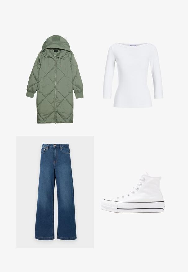 Prostorna dolga zeleni puffer plašč s kapuco, z zadrgo spredaj in dvema stranskima žepoma. Tekstura z diamantnim vzorcem po celotni površini.; Bela rebrasta dolga majica z dolgimi rokavi in čolnasto ovratnikom. Tkanina je gladka, prilegajoča se in ima čist zaključek na manšetah in robu.; Široki denim jeans v temno modri barvi. Imajo visok pas, gumbasto zapiranje in klasičen dizajn s petimi žepi z kontrastnim šivom.; Beli visoki platneni športni čevelj z črnim gumijastim podplatom, sprednjim gumijastim zaščitnikom za prste in šestimi luknjicami za vezalke, ki se ponaša s preprostim, minimalističnim dizajnom.