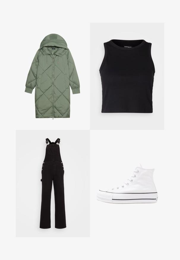 Cele nouă pictate în verde închis, din material pufos, cu glugă, care dispune de închidere cu fermoar frontal și două buzunare laterale. Model texturat cu un model în diamant pe întreaga suprafață.; Top scurt ribbed negru, cu decolteu rotund și fără mâneci. Fabricat dintr-un material moale și elastic, având margini finisate.; Salopete negre din denim cu picioare largi, bretele ajustabile, butoni pe lateral și buzunare frontale. Textură netedă și țesătură rezistentă.; Adidași albi tip pantofi sport cu glezna din pânză, cu talpă din cauciuc negru, capac de vârf din cauciuc frontal și șase ochiuri pentru șireturi, având un design curat și minimalist.