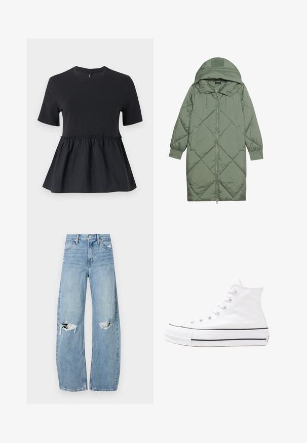 Puchowy, długi, zielony płaszcz z kapturem, z zamkiem błyskawicznym z przodu i dwoma bocznymi kieszeniami. Całość pokryta fakturowanym wzorem diamentowym.; Czarny top peplum z dopasowaną górą i marszczoną talią. Wykonany z miękkiej bawełny o gładkiej fakturze i krótkimi rękawami.; Jasnoniebieskie, wysokiej talii dżinsy wykonane z denimu. Posiadają szerokie nogawki, dwa podarte miejsca na kolanach oraz klasyczne pięć kieszeni.; Białe wysokie trampki z płótna z czarną gumową podeszwą, przednim czubkiem z gumy i sześcioma dziurkami na sznurowadła, charakteryzujące się prostym, minimalistycznym designem.