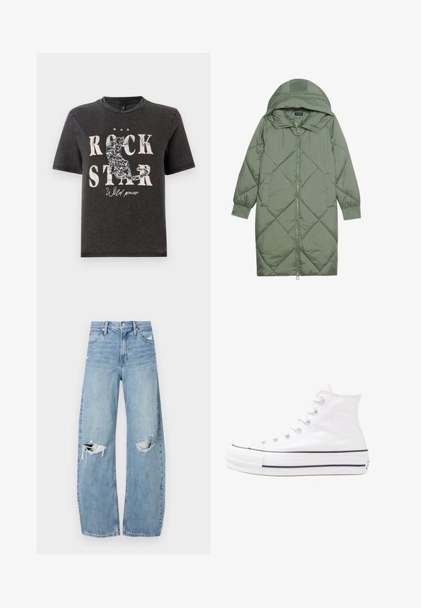 Prošívaný dlouhý zelený péřový kabát s kapucí, který má přední zip a dvě boční kapsy. Po celém povrchu je texturovaný diamantový vzor.; Černé bavlněné tričko s výrazným bílým nápisem "ROCK STAR" a třpytivým siluetou kočky. Klasický výstřih a krátké rukávy.; Světle modré džíny s vysokým pasem vyrobené z denimu. Mají široké nohavice, dvě roztržené oblasti na kolenou a klasický pětikapsový střih.; Bílé vysoké plátěné tenisky s černou gumovou podrážkou, přední gumovou špičkou a šesti očky na tkaničky, se čistým, minimalistickým designem.