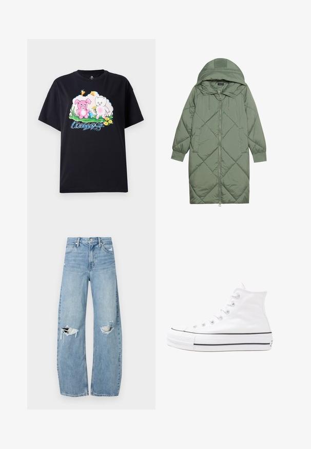 Izšūts garš zaļš pūšļa mētelis ar kapuci, ar priekšējo rāvējslēdzēju un divām sānu kabatām. Visā virsmā ir teksturēta dimanta raksts.; Melns kokvilnas T-krekls ar krāsainu grafiku, kas attēlo rozā trušu un baltu kaķi ar ziediem, kā arī uzrakstu "Converse" zilu burtiem.; Gaiši zili, augstās vidukļa džinsi, kas izgatavoti no denima. Iespējas plašas kājas, divas plēstas ceļa daļas un klasiskā piecu kabatu dizains.; Balti augstie kanvas sporta apavi ar melnu gumijas zoli, priekšējo gumijas purngalu un sešām acīm lencēm, kuriem ir tīrs, minimālistisks dizains.