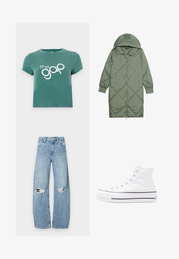Pistetud pikk roheline puffermantel kapuutsiga, esiküljel tõmblukuga ja kahe küljetaskuga. Kogu pinnal on struktureeritud rombikujundus.; Roheline lühikeste varrukatega t-särk, mis on valmistatud puuvillast, esiküljel on valge trükitud logo "the gap". Lühendatud disain ja ümmargune kaelus.; Heledad hallideega sinised teksad, millel on kõrge talje. Teksade jalgadel on lai alus, kaks rebitud kohta põlvede ümber ning klassikaline viie tasku stiil.; Valge kõrgem kangast tenniseking, millel on must kummist tald, ees kummist varvasetugi ja kuus aukku paelte jaoks, pakkudes puhta ja minimalistliku disaini.