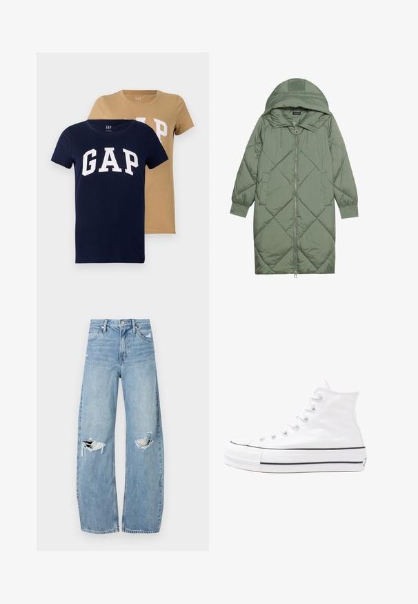 Abrigo acolchado largo verde tipo puffer con capucha, que presenta un cierre frontal con cremallera y dos bolsillos laterales. Patrón de diamantes texturizado en toda su superficie.; Dos camisetas de manga corta en colores marino y beige, hechas de algodón. Ambas presentan un gran logotipo blanco de "GAP" en la parte frontal.; Vaqueros de mezclilla de tiro alto en azul claro. Tienen piernas anchas, dos áreas desgastadas en las rodillas y un estilo clásico de cinco bolsillos.; Zapatilla de lona alta blanca con suela de goma negra, puntera de goma frontal y seis ojetes para los cordones, que presenta un diseño limpio y minimalista.